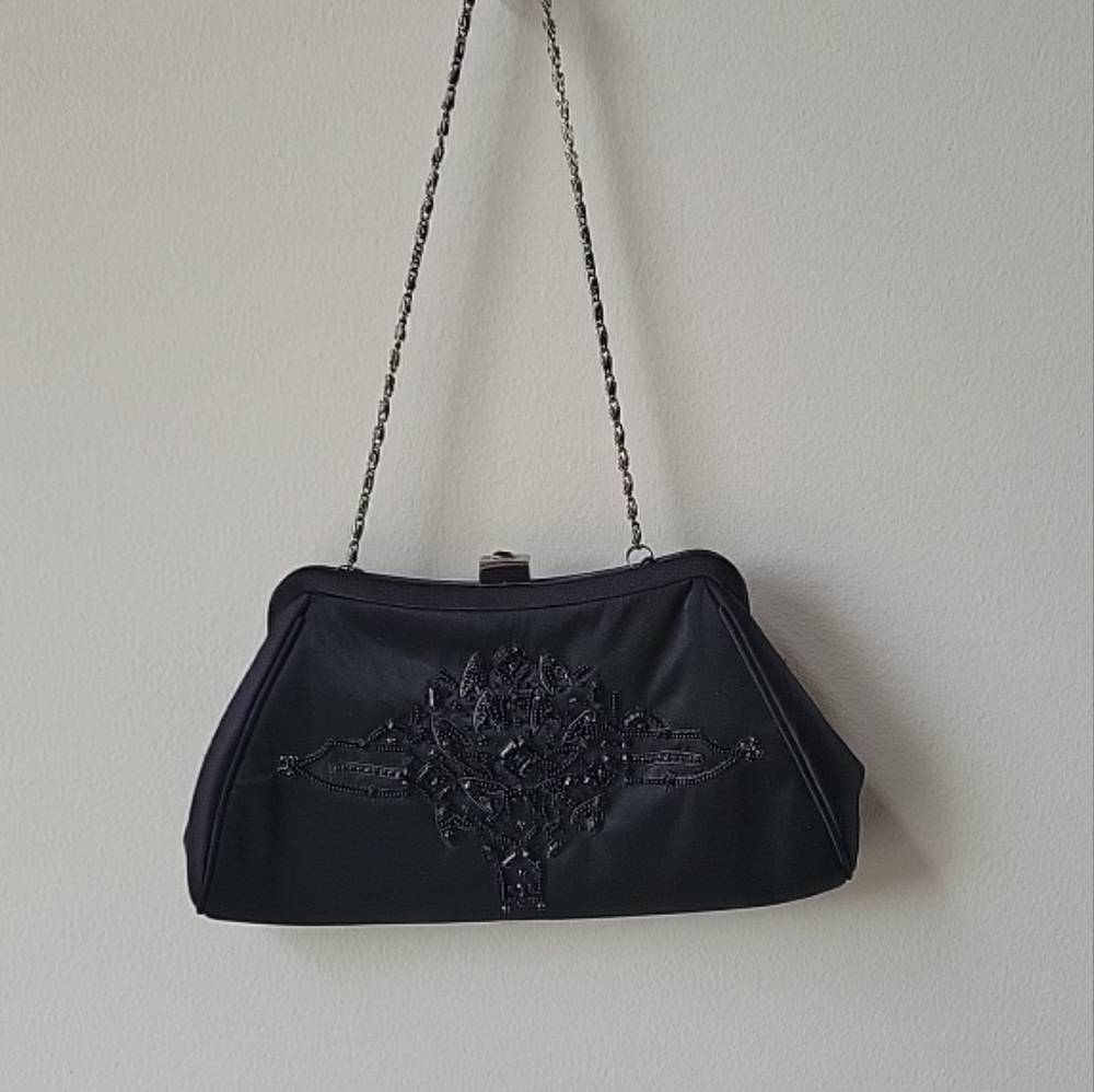 Coldwater Creek Elegant Satin Black Beaded Clutch Purse With Chain 9‎ X 5